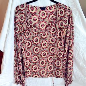 Theory Silk (90%) blouse - S/P - red, khaki “star” print